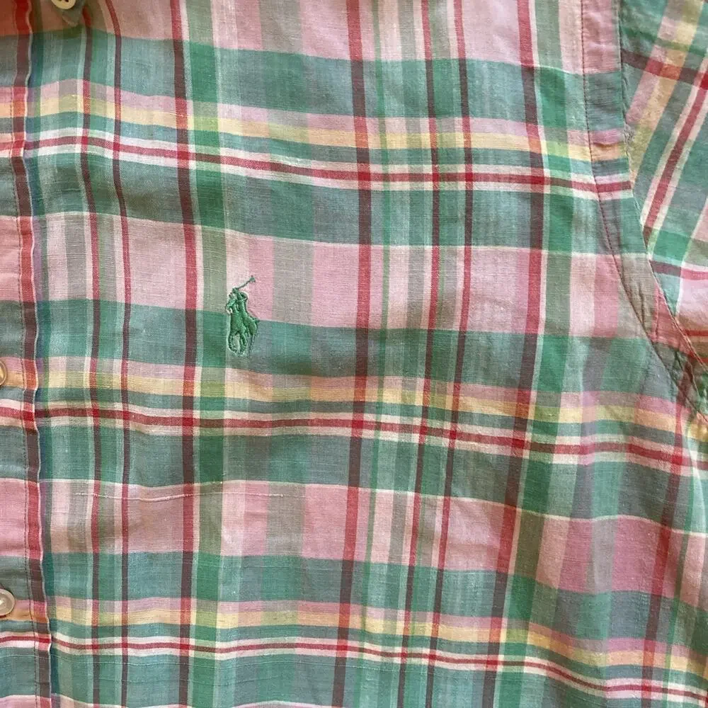 Vintage RALPH LAUREN Oxford 100% Cotton Plaid Long Sleeve Short Size Large